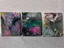 Set Of 3 Original Modern Contemporary Paintings On Canvas, Abstract, Fantasy Style
