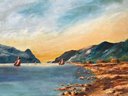 Vintage Original Oil Painting On Board, Coastal Seascape On Sunset, Signed