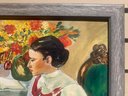 Vintage Oil Painting On Board, Portrait Of A Woman Playing The Accordion, Framed