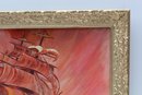 Vintage Oil Painting On Board, Seascape, Clipper Ship On Sunset, Signed, Framed