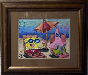 Original Painting On Canvas, Spongebob And Patrick, Framed, Signed