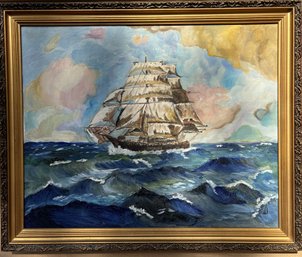 Framed Vintage Oil Painting On Canvas, Sailing Ship In The Ocean, Signed JJ