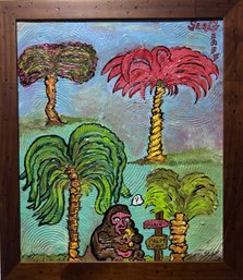 Original Abstract Painting On Board By Serg Graff 'Palm Monkey', COA