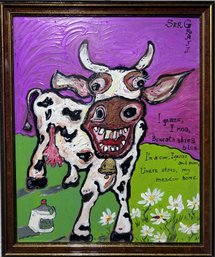 Original Painting On Board In Cartoon Style By Serg Graff 'Milk Cow', COA