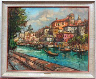 Large Antique Oil Painting On Canvas, Venice, Italy, Artist Gini, Framed