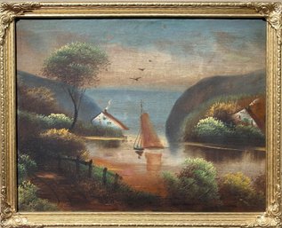 Antique Original Oil Painting On Canvas, Seascape, Harbor, Unsigned, Framed