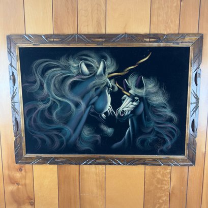Large Framed Black Velvet Unicorn Painting