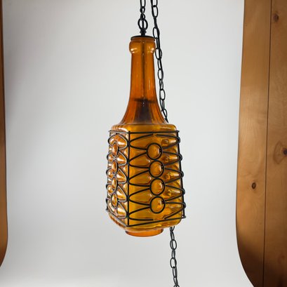 Mid-century Swag Amber Glass & Iron Bottle Lamp