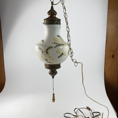 Vintage Hand-painted Glass & Brass Hanging Swag Lamp