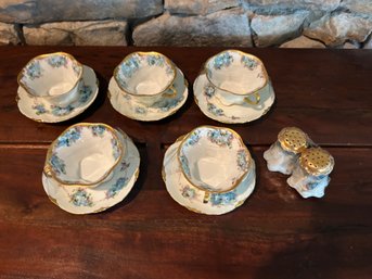 VERSAILLES BAVARIA SET OF 5 BLUE FLOWERS SAUCERS AND CUPS & SALT/ PEPPER