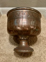 GORGEOUS LARGE OLD HAND CARVED PERSIAN TINNED COPPER FOOTED BOWL