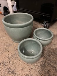 3 LIGHT TEAL CERAMIC GARDEN POTS