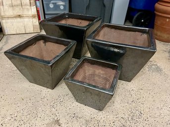 4 LARGE BLACK GLAZED CERAMIC GARDEN POTS