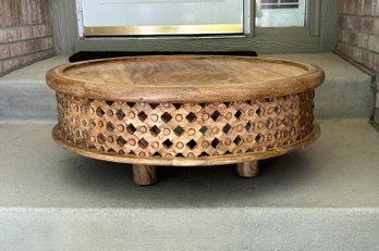 NEW SMALL LOW ROUND SOLID WOOD MOROCCAN TABLE WITH BEAUTIFUL DETAILING