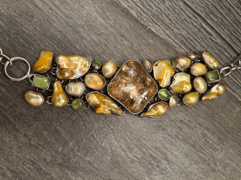 FABULOUS MULTI GEMSTONE,  PEARL AND STERLING SILVER TOGGLE BRACELET