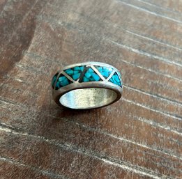 BEAUTIFUL INLAID VINTAGE TURQUOISE AND STERLING HEAVY LARGE BAND