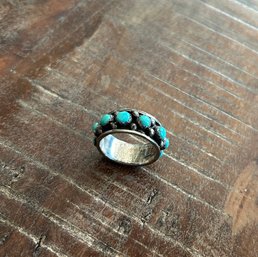 HEAVY LARGE STERLING AND TURQUOISE NAVAJO VINTAGE BAND SIGNED JR
