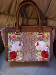 Calvin Klein Mercy Signature Satchel Embroidered Floral Brown