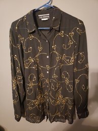 VINTAGE 80S SAKS 5TH AVE THE WORKS 100 SILK BLACK GOLD EMBROIDERED SHIRT SIZE 8