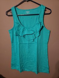 EXPRESS TURQUOISE CARIBBEAN BLUE RUFFLED NECKLINE STRETCH TANK SHIRT M