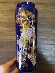 VTG Vase Japanese Cranes Cobalt Blue W/ Gold Trim Japan