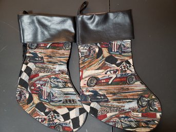 Vintage NASCAR/Racing Christmas Stockings Set Of 2 Corduroy/Leather