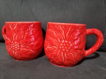 2 Vintage Pier 1 Christmas Poinsettia Mugs Embossed Design Red Made In Japan