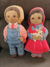 Vtg. Cranston Print Dolls / Pillows Amos & Rachel Boy & Girl With Bunny