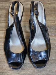 Fioni Size 9 Black Patent Leather Slingback 4 Inch Heels