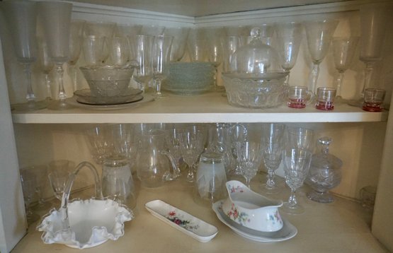 #179 Lot Of 2 Shelves Over 70 Pieces Glasses & Stemware