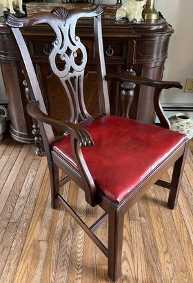 Vintage Country Chippendale Strawberry Mahogany & Leather Armed Chair Hickory Furniture NC