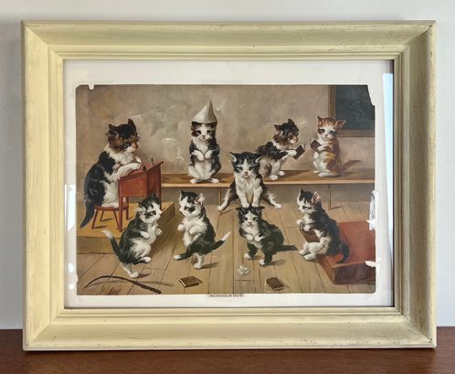 Whimsical 'Schools Out' C.L. VanVrendenburgh Mischievous Kittens In Classroom Frame Antique Print 15' X 19'