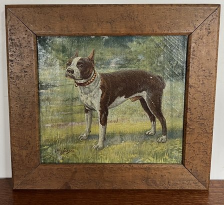 Antique Original Oil On Canvas Holger W. Jensen Boston Bull Terrier Dog Painting Birds Eye Maple Frame
