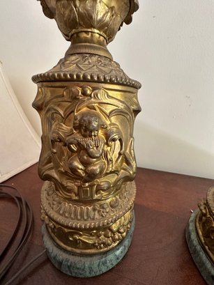 Pair Of 1830-1840s French Parcel Gilt And Repousse Brass Lamps On Green Marble Bases Circa 1830-1840 - LR34