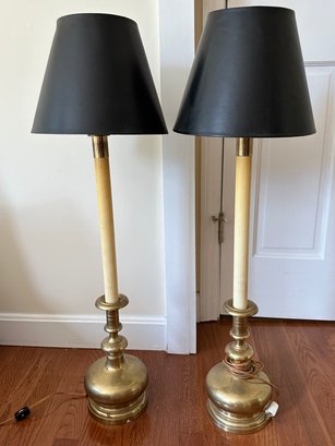 Pair Of Chapman Tall Brass Buffet Candlestick Lamps With Black Lampshades - Up2