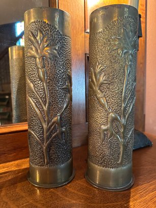 Pair Of Trench Art Artillery Shell Vases In Floral Pattern - O22