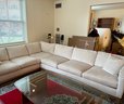 Newer Circle Furniture Milo Baughman 2 Piece Sofa In Cream Chanelle Fabric On Wood Legs- 43