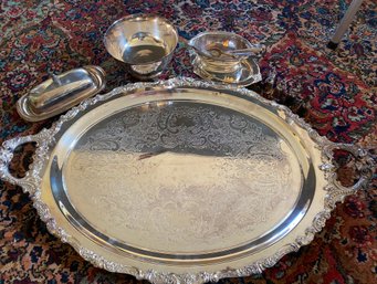 Silver Plate Lot - Including Large 29' Wallace Baroque Tray And 4 Reed And Barton Christmas Bells - 35