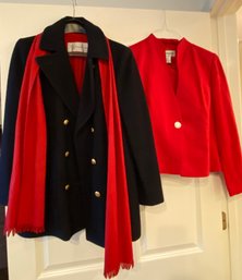 Evan - Picone Black Wool Pea Coat With Brass Buttons Size 8/10? And Red Bloomingdale Skirt Suit - 92