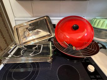 Red Electric Wok And Silver Plate Serving Set - K23