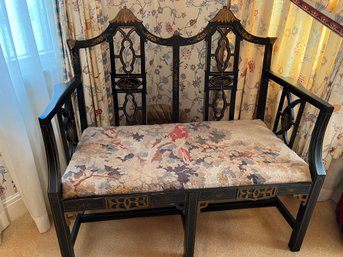 Vintage Wooden Double Chair Back Settee Hand Painted With Carved Details And Parrot Tapestry Seat- DR1
