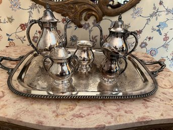 Ornate Silver Plate Coffee Tea Set With Tray- DR4