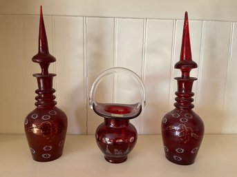 Pair Of Handblown Red Bohemian Decanters With Czech Republic Egermann Glass Basket - LV13