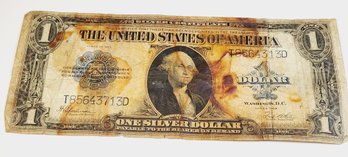 1923 Large Funny Back $1 Dollar Note (Water Or Fire Color Stain) 100 Years Old