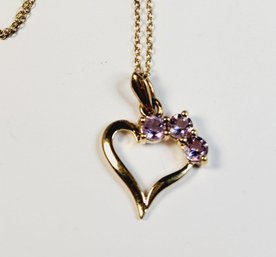 New Gold Over Sterling Silver Purple Stone Heart Pendant And Necklace