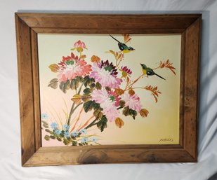 Humming Bird And Flower Oil Panting On Framed Canvas FRANCES Signed Painting