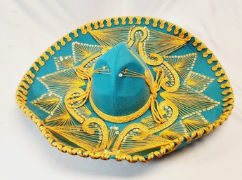 Vintage Authentic Pigalle XXXXX Teal & Gold Mexican Sombrero Mariachi Hat