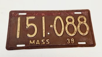 RARE.......1938 Massachusetts License Plate Tag 151-088(85 Years Old)