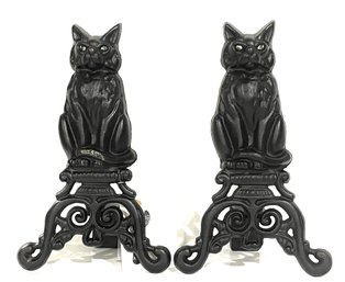 #127 UniFlame, A-1251, Black Cast Iron Cat Andirons With Reflective Glass Eyes Paint Scuff