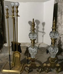 Exquisite Pair Of St Clair Glass And Brass Fireplace Andirons And Tool Set